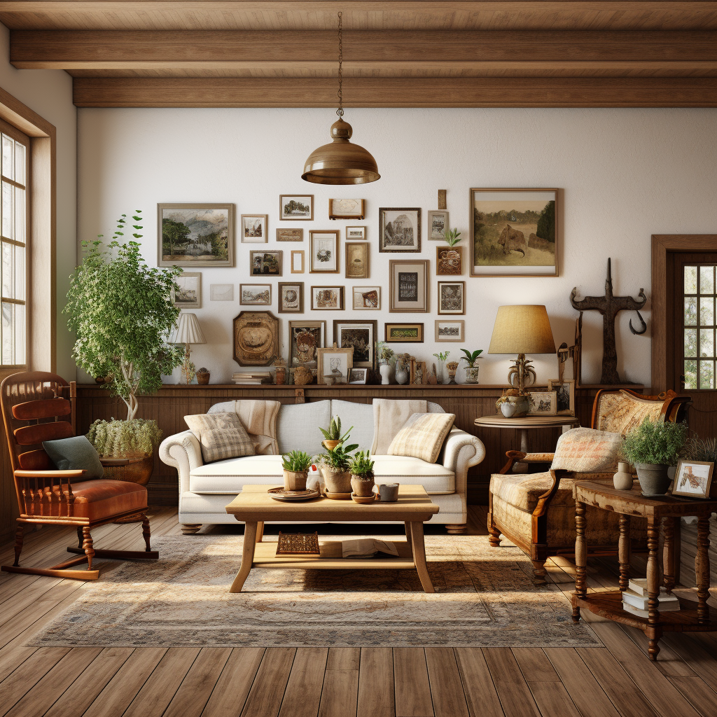 A farmhouse style living room setup with a cream colored sofa, a wood and upholstered chair, and a wooden rocking chair.
