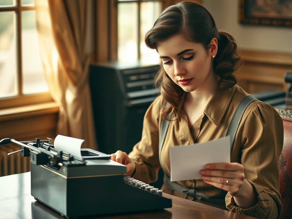 A dark haired woman dressed in vintage clothing writing on a typewriter