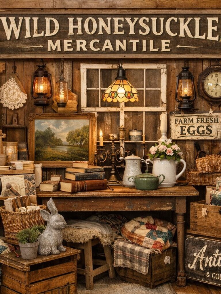A display of decor featuring a wooden sign, white hutch, sewing machine, dress form, and folded quilts.